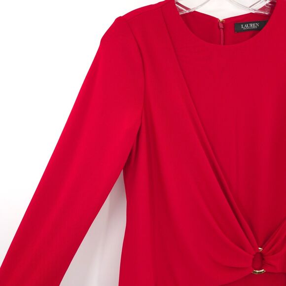 Lauren Ralph Lauren womens solid red sheath dress Size 4 gold ring 3/4 sleeve - Picture 7 of 12